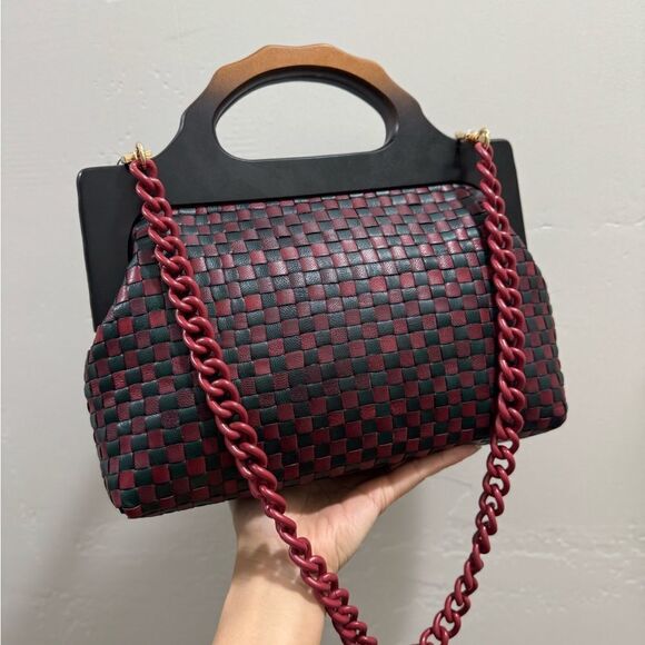 Colorblock Woven Cowhide Handmade Wooden Frame Top Handle Satchel, Crossbody Bag - Picture 11 of 16